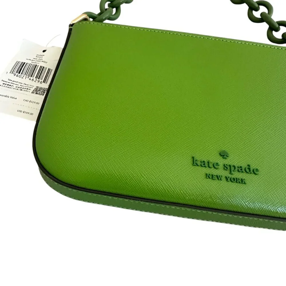 Kate Spade Madison Saffiano Pochette Bag + Card Holder Resin Chain Turtle Green